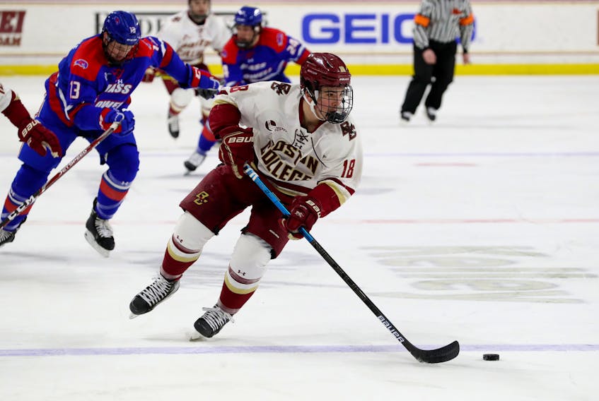 In his first season with Boston College, Alex Newhook tied for the Eagles' scoring lead and led the entire Hockey East conference in rookie scoring. — Boston College Athletics/John Quackenbos