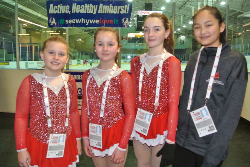(From left) Phoebe Smith of the Sackville Skating Club and Savanah Cobbett, Eve Scott and Olivia Pulsifer from the Amherst Skating Club participated in the Skate Canada 2019 Canadian Tire National Skating Championships in Saint John, N.B. from Jan. 14 to 20.