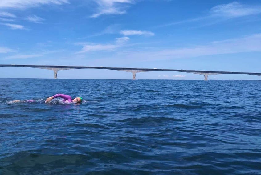 Amy Barnhill took part in the Big Swim on August 12. Her kayaker, Chesley Earle, took this photo during the swim. A kayaker accompanies each swimmer in case they need help.