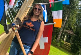 Suzy Powley-Atwood at world championship axe throwing competition. The Barrington, NS woman has competed at the international level several times. Submitted photo