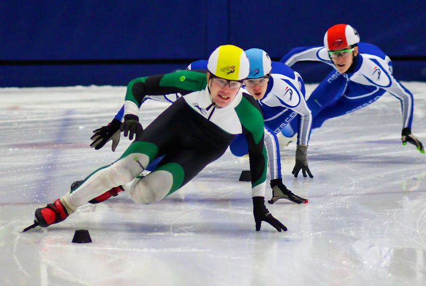 Stratford’s Andrew Binns, left, won two medals for P.E.I., including the first ever gold medal for the Island team, at the recent Canada East short track speed skating championships in Lévis, Que.