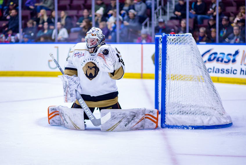 Angus Redmond makes one of his 31 saves en route to his first win with the Newfoundland Growlers Saturday night at Mile One Centre. The Growlers downed the Atlanta Gladiators 6-3 a night after beating Atlanta 5-3. — Newfoundland Growlers photo/Jeff Parsons