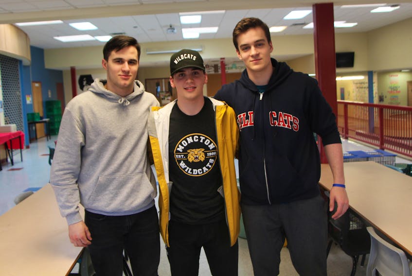 Defenceman Sean Stewart (left) and forwards Jacob Hudson and Jacob Stewart were teammates this season with the Moncton Wildcats of the Quebec Major Junior Hockey League.