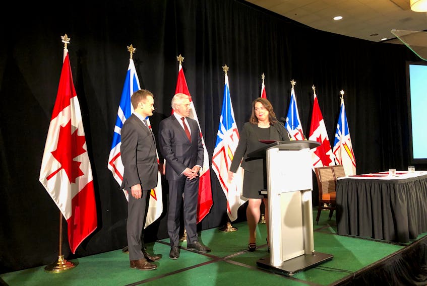 (From left) Seamus O’Regan, Minister of Indigenous Services for the Government of Canada, Newfoundland and Labrador Premier Dwight Ball, and Natural Resources Minister Siobhan Coady, take part in the announcement on the Atlantic Accord Agreement.