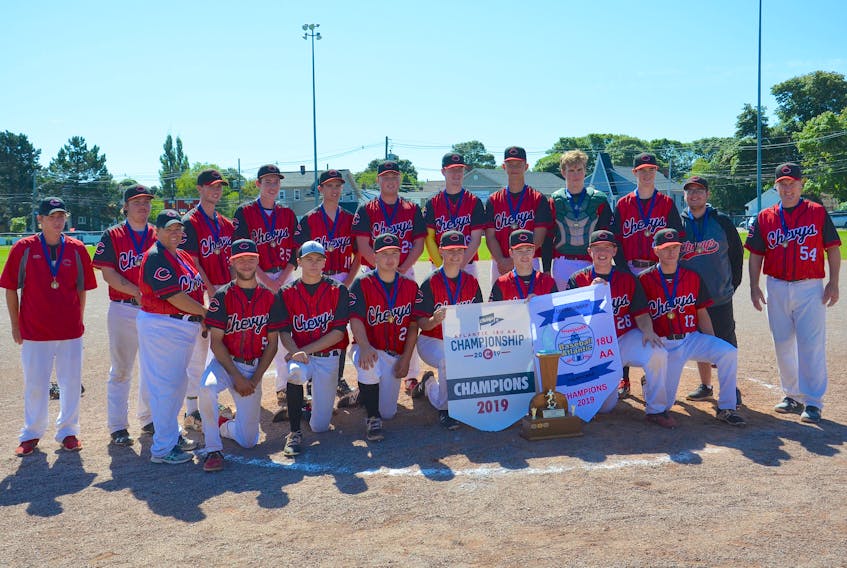 The Summerside Township Chevys defeated the Cardigan Clippers 5-0 at Queen Elizabeth Park’s Legends Field in Summerside on Sunday morning to win the Atlantic 18-and-under AA baseball championship. Members of the Chevys are, front row, from left: Tammy Gallant, Dylan Thomas, Noah Duckworth, Nic Gunning, Ben Gallant, Parker Gallant, Dylan Cameron and Kalib Snow. Back row: Zack Gallant, Jonah Gallant, Ben MacDougall, Tanner MacLean, Liam Greenan, Braeden Ahern, Dylan McCormack, Nick Havenga, Duncan Picketts, Ty Arsenault, Logan Yeo and Dale MacDougall.