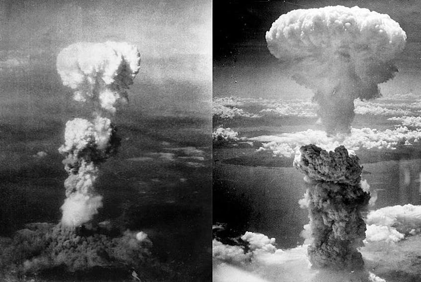 Mushroom clouds rise up from the Japanese cities of Hiroshima and Nagasaki, respectively, after atomic bombs were dropped on them in August 1945. - Wikimedia Commons