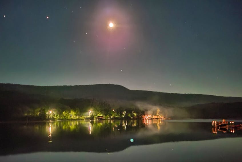 Late evening fog was starting to form when Charles Peach snapped this lovely photo.  It was 10:30 pm, and Charles was looking southeastward across the lagoon from the Ben Eoin Beach RV Park in Cape Breton.