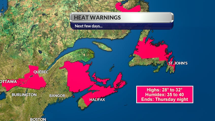 This week’s heat warnings covered most of Atlantic Canada – stretching as far north as Upper Lake Melville and Eagle River Labrador.  -WSI Weather