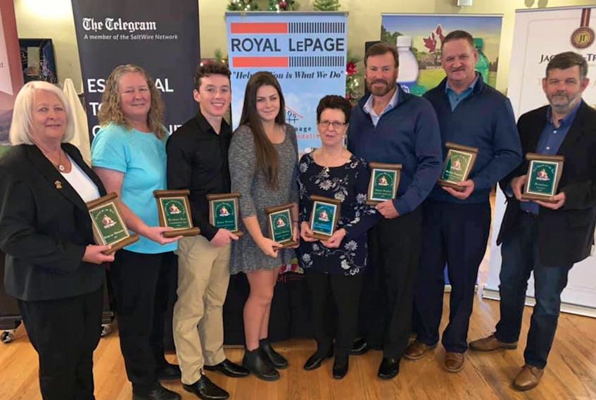 Golf NL handed out its annual awards for 2019 over the weekend in St. John's. Posing with their awards (left to right) are Kay Thompson (official of the year), Kathleen Jean (female golfer the year), Ethan Efford (junior male golfer of the year), Taylor Cormier (junior female golfer of the year), Pat LaCour (employee of the year), Chuck Conley (male golfer of the year), Morley Nippard (volunteer of the year) and Pat Hepditch (representing Blomidon Golf Club, chosen as club of the year). — Submitted/Golf NL