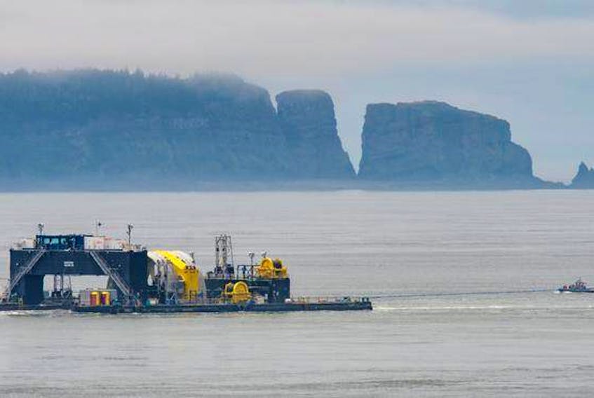 The Cape Sharp turbine passes near Parrsboro on its way to be placed on the floor of the Minas Basin on July 22, 2018. (RICHARD STERN)