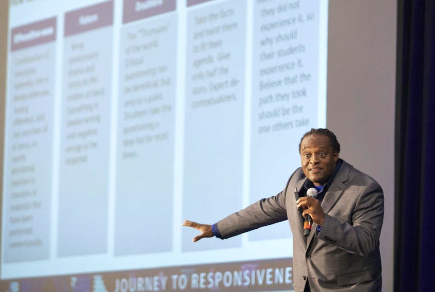 
Sharroky Hollie spoke to teachers on Thursday about a teaching style that connects a student’s social, cultural, family, or language background to what the student is learning. - Eric Wynne
