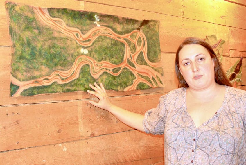 
Hants County fibre artist Tacha Reed with What to Expect, one of the several pieces of wetfelt art she created in response to options surrounding the twinning of Highway 101 where it crosses the Avon River, showing potential growth of the salt marsh. - Heather Desveaux
