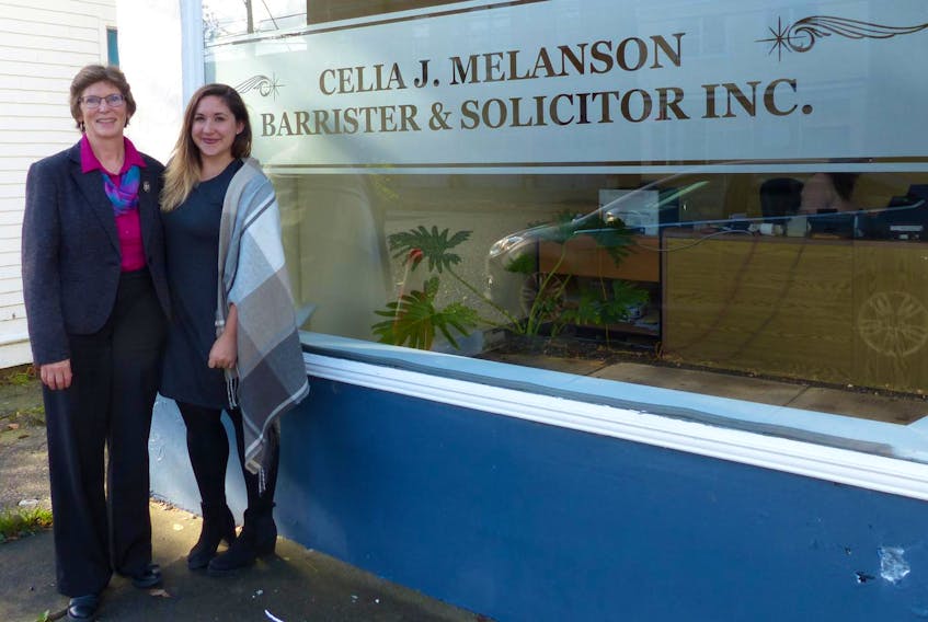 
Celia Melanson (left) and Chelsea Cottreau stand in front of Melanson’s law office in Shelburne. (Sue Deschene)
