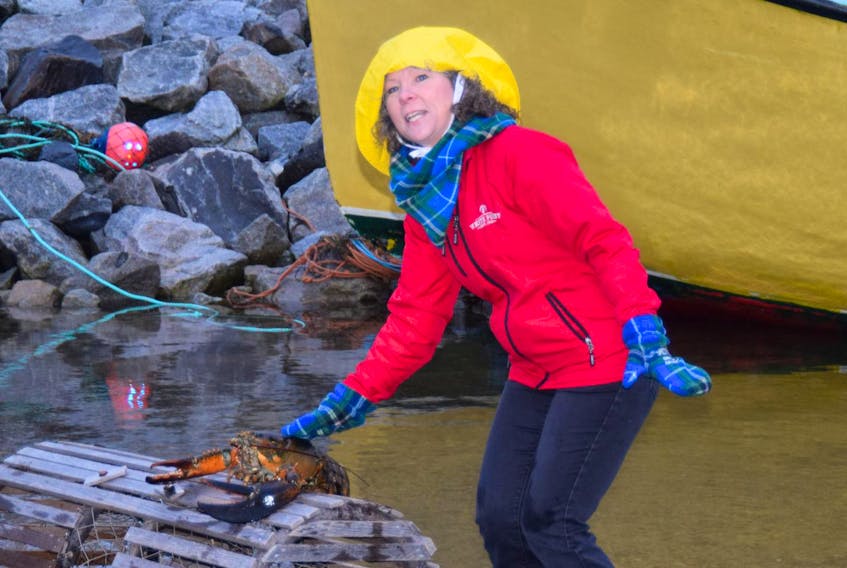 
Donna Hatt, chair of the South Shore Tourism Co-operative, congratulated Lucy the Lobster on her Groundhog Day debut in February during the South Shore Lobster Crawl. The Lobster Crawl for 2019 is scheduled to take place Feb. 1 to 18. (Kathy Johnson)
