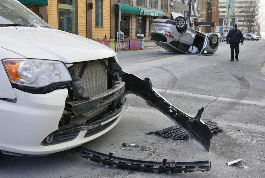 An SUV flipped onto its roof when it collided with a van last week at the intersection of Ochterloney and Wentworth streets in Dartmouth. The incident occurred two days after barriers were put in place at the intersection for the curb bump-out pilot.