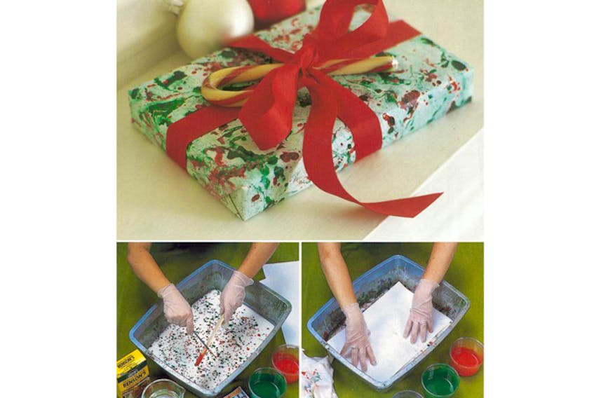 
Homemade wrapping paper makes a gift package even more special. Thinned down artist’s oils are splattered over a cornstarch gel, then the paper is laid over the paint design, rinsed and hung to dry. 

