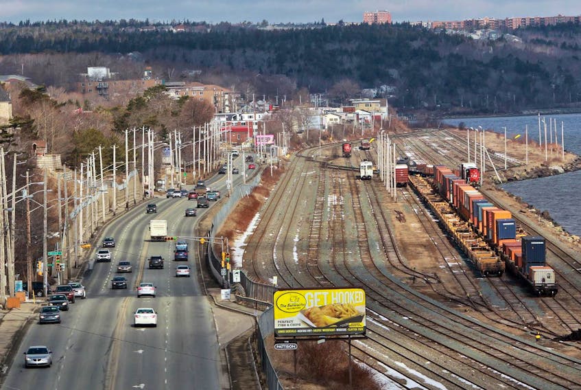 
Traffic flows on Bedord Highway near adjacent rail lines along the Bedford Basin in Halifax in 2014. - Tim Krochak
