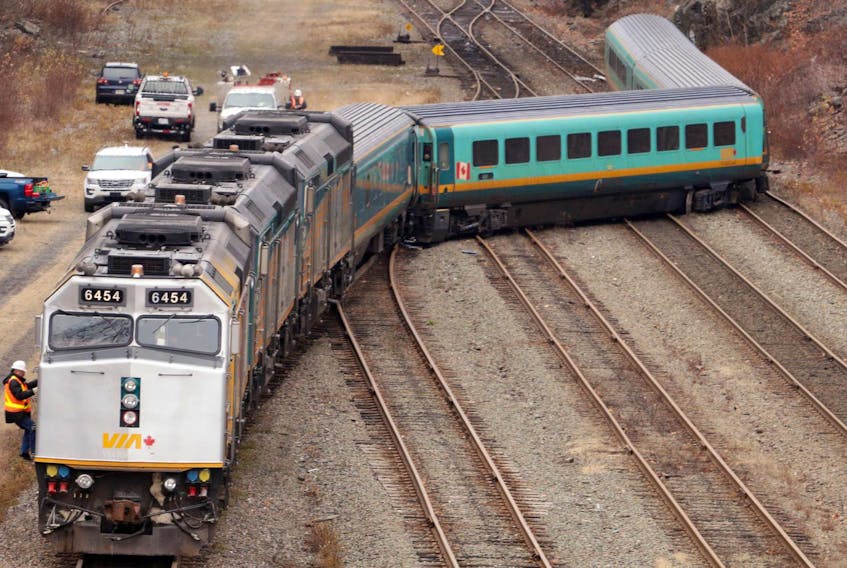 
A VIA Rail passenger train lies partially derailed in a rail yard in south-end Halifax on Nov. 25. - File
