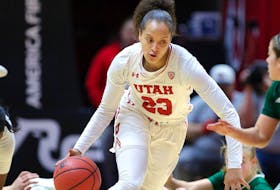 
Dartmouth’s Daneesha Provo of the University of Utah dribbles past Utah Valley defenders during an NCAA women’s basketball game Dec. 1 in Salt Lake City. Utah is tied atop the Pac-12 Conference with a 9-0 record. (UTAH ATHLETICS)
