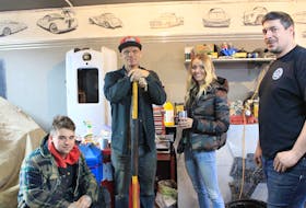 
Shown here are four of the five main cast members of Bad Chad Customs at Chad Hiltz’s garage in Canning in mid-December 2018. The show debuted in the United States on Tuesday, Jan. 1, to about 90 million viewers on the Discovery Channel. From left: Colton Hiltz, Chad Hiltz, Jolene MacIntyre and Alex Gould. Missing from the photo is Aaron Rand. - Heather Desveaux
