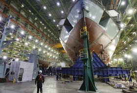 
The Arctic offshore patrol ship Margaret Brooke takes shape in the assembly hall at the Irving Shipbuilding Inc. facility in Halifax. (TIM KROCHAK)
