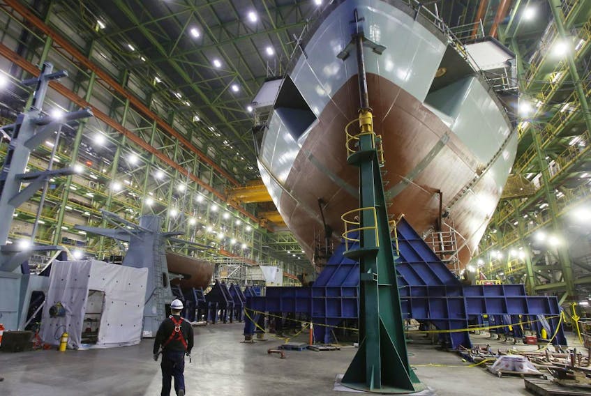 
The Arctic offshore patrol ship Margaret Brooke takes shape in the assembly hall at the Irving Shipbuilding Inc. facility in Halifax. (TIM KROCHAK)
