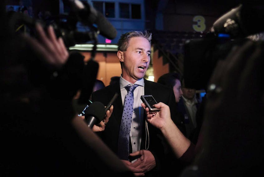 Tim Houston speaks to reporters at Nova Scotia Progressive Conservative Party leadership convention in Halifax on Oct. 27.