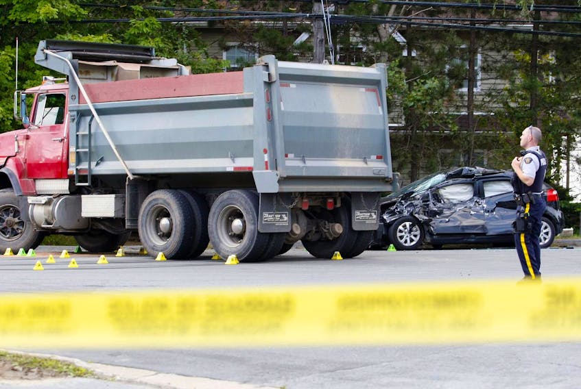 
A 51-year-old woman died after her car and a dump truck collided at the intersection of Highway 2 and Holland Road in Fall River in September. The number of highway fatalities this year is up more than 50 per cent over 2017. - Eric Wynne 
