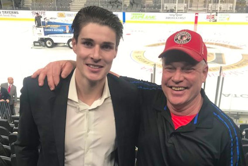 
Yarmouth’s Ryan Graves, left, and his father Ron Graves share a moment together after Ryan played his first NHL game in Las Vegas with the Colorado Avalanche. (CONTRIBUTED)
