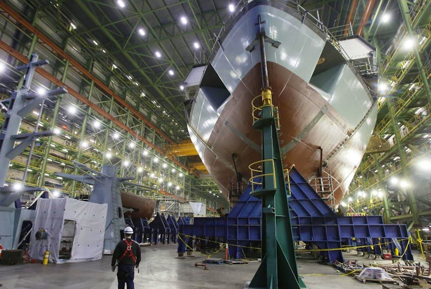 The bow of Margaret Brooke is seen in the assembly hall at the Irving’s Halifax Shipyard in Halifax.