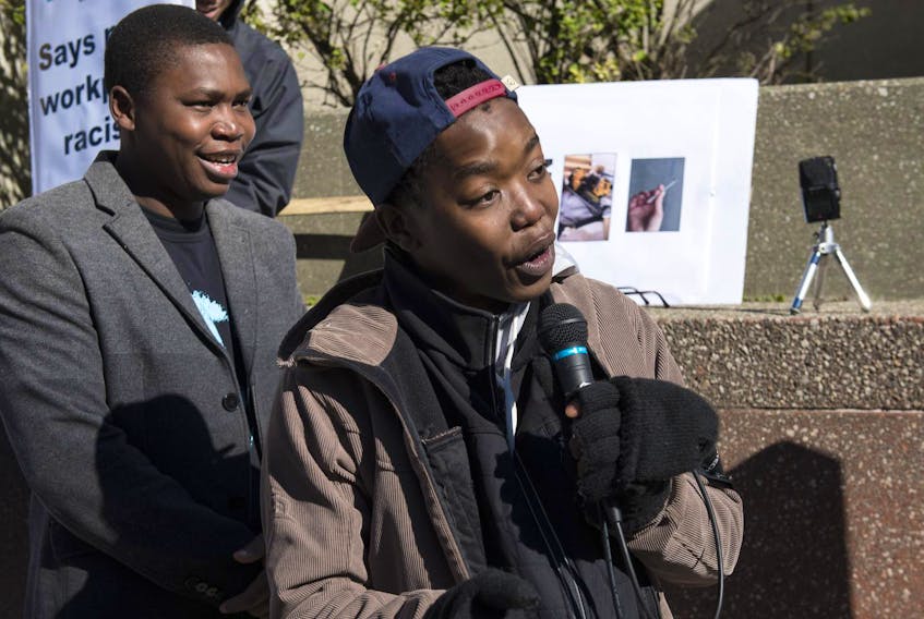 
Nhlanhla Dlamini speaks at a rally outside the Labour Department office on Barrington Street in Halifax on Oct. 19. Nhlanhla was shot with a nail gun by a co-worker and the rally was held to protest anti-black racism in the workplace. (Ryan Taplin/ Staff)
