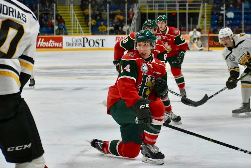 
Halifax Mooseheads defenceman Jared McIsaac looks back toward his net after a shot by the Cape Breton Screaming Eagles during first period action at Sydney’s Centre 200 on Friday night. (ELIZABETH PATTERSON/CAPE BRETON POST)
