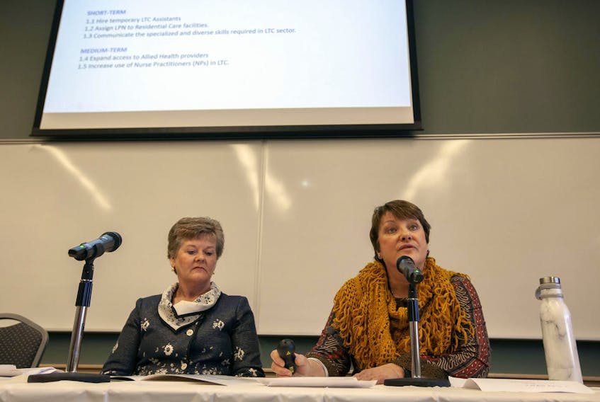 
Janice Keefe, right, panel chair and director of the Nova Scotia Centre on Aging at Mount Saint Vincent University, and Cheryl Smith, panel member and long-term care nurse practitioner, unveil recommendations to improve long-term care in Nova Scotia at a news conference on Tuesday. - Eric Wynne
