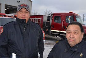 Capt. Wilfred Gould Jr. and Chief John Cremo of the We’koqma’q Volunteer Fire Department. 
