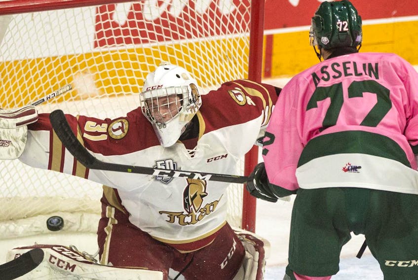 
Halifax Mooseheads forward Samuel Asselin scores his second goal of the game on Acadie-Bathurst Titan goalie Mark Grametbauer during the second period of Friday’s night’s QMJHL game at the Scotiabank Centre. Ryan Taplin - The Chronicle Herald
