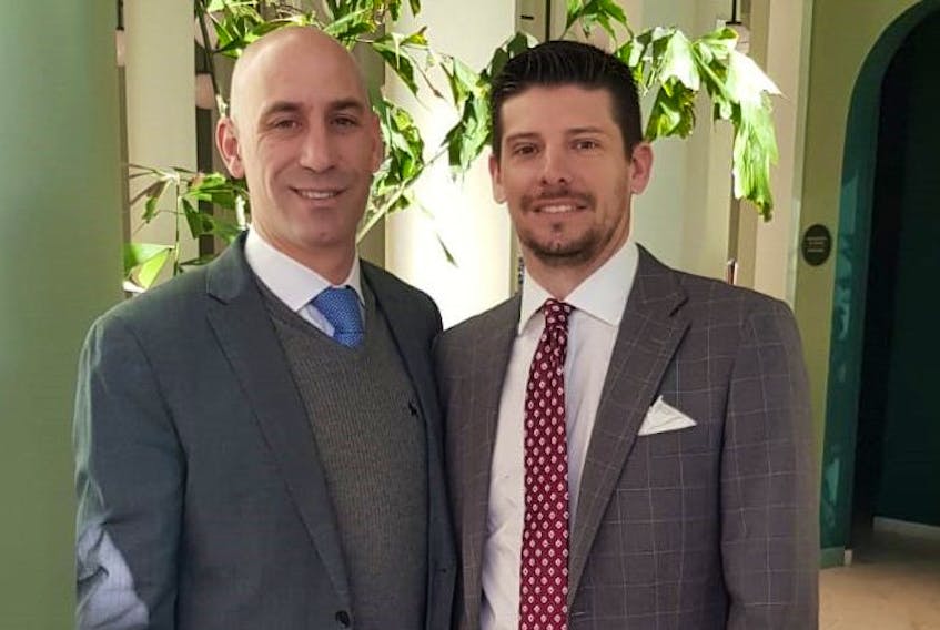 The Royal Spanish Football Federation, or RFEF, announced this week it was adopting a blockchain-based ticket distribution system developed by Nodalblock, a tech company partly based in Halifax. Shown in this contributed photo is Ariano Hernandez, chief technology officer of Nodalblock, left, and Luis Rubiales, president, RFEF.