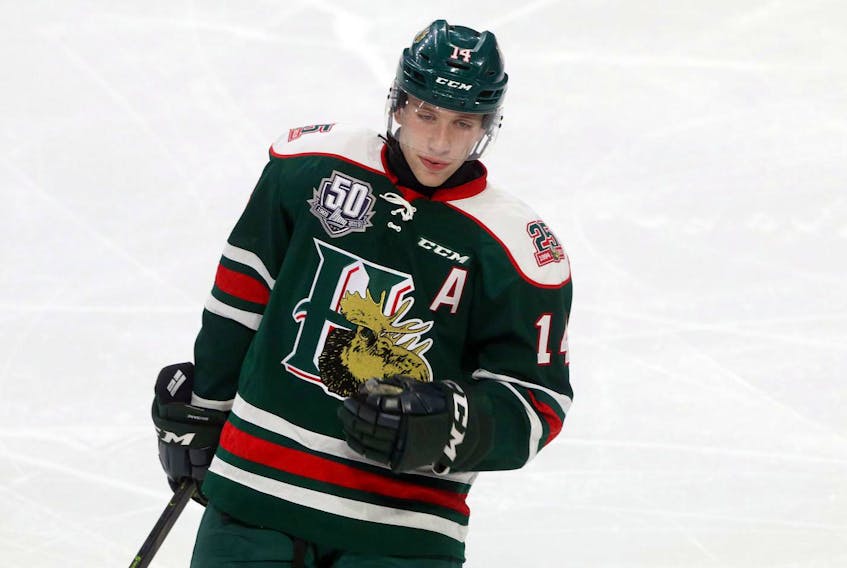 
Defenceman Jared McIsaac had a goal and three assists in the Halifax Mooseheads’ 4-2 road win over the Moncton Wildcats on Saturday. (ERIC WYNNE/Chronicle Herald)

