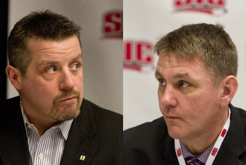 
Head coaches Brad Peddle, left, of St. F.X. and Darren Burns of Acadia are banned for two games in the wake of last weekend’s hockey brawl in Wolfville, along with 13 players from the teams. Two other players - one from each team - got harsher sanctions. - Tim Krochak / file photos
