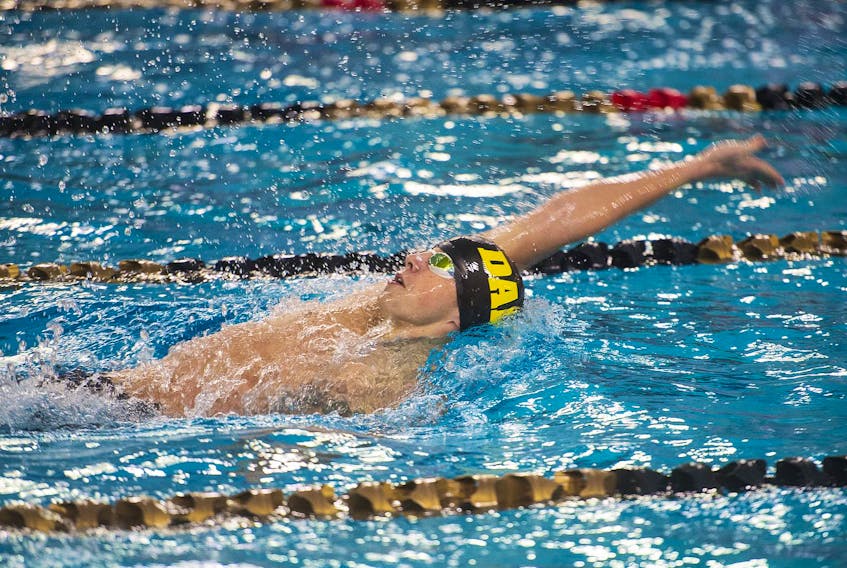 
Dalhousie Tigers’ Christian Payne picked up a silver medal in the men’s 200-metre backstroke on Sunday at the AUS swimming championships at Dalplex. Payne won the 50 and 100 backstrokes earlier in the meet. (Ryan Taplin/ The Chronicle Herald)
