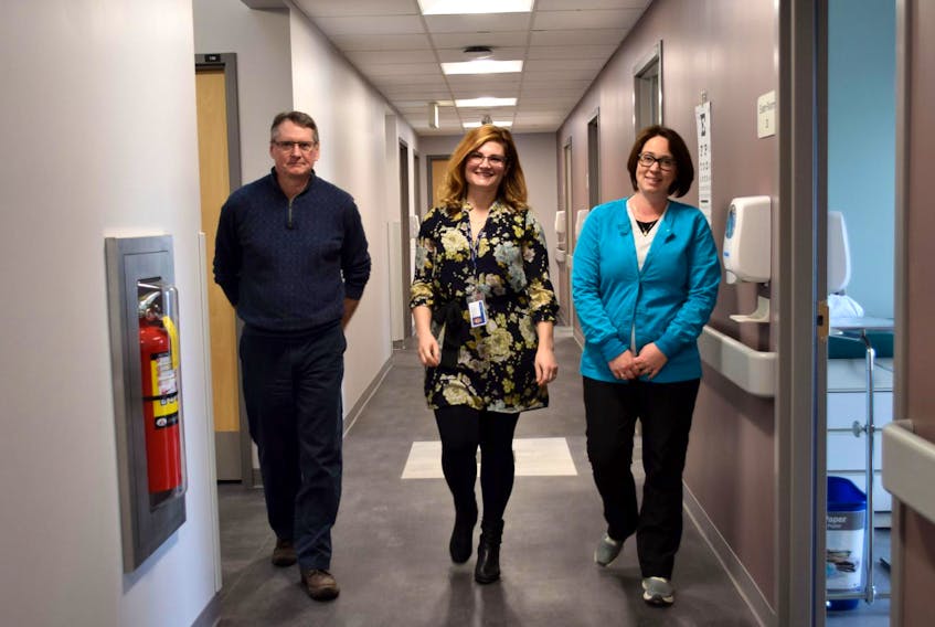 
Dr. John Keller, (from left) Nurse Practitioner Maria Ceschiutti and Family Practice Nurse Kyra Taylor walk down one of the hallways in the new Shelburne Primary Health Care Centre. (Kathy Johnson)
