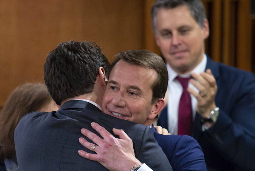 
Prime Minister Justin Trudeau hugs MP Scott Brison following his farewell speech in the House of Commons last week. Brison is leaving politics for a job as vice-chair of investment and corporate banking for BMO Markets. 
