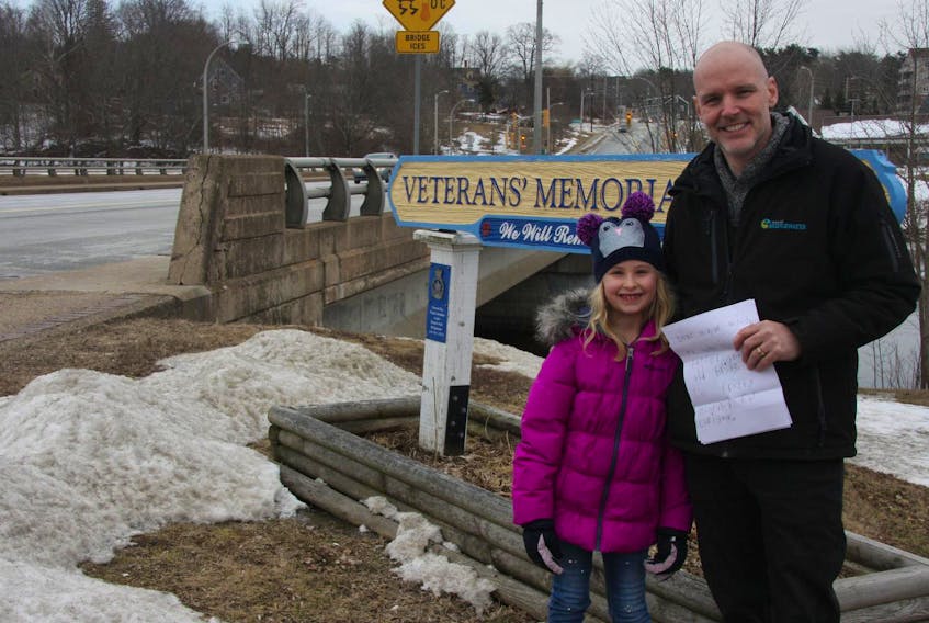 
Bridgewater Mayor David Mitchell and Rori Patterson pictured at the Veterans Memorial Bridge. (Dan Hennessey)
