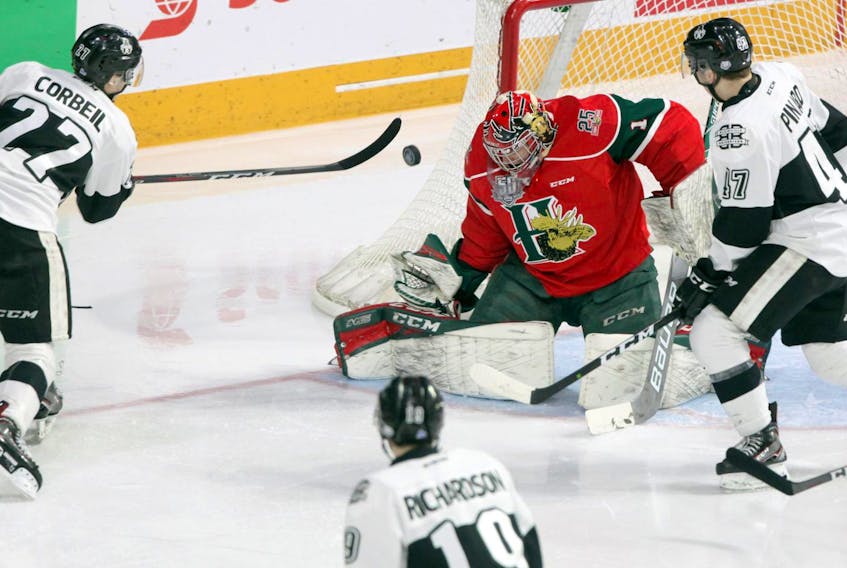 Halifax Mooseheads goalie Alex Gravel makes a stop against Blainville-Boisbriand Armada’s Benjamin Corbeil during second period QMJHL action at the Scotiabank Centre on Sunday. The Mooseheads won 4-0.