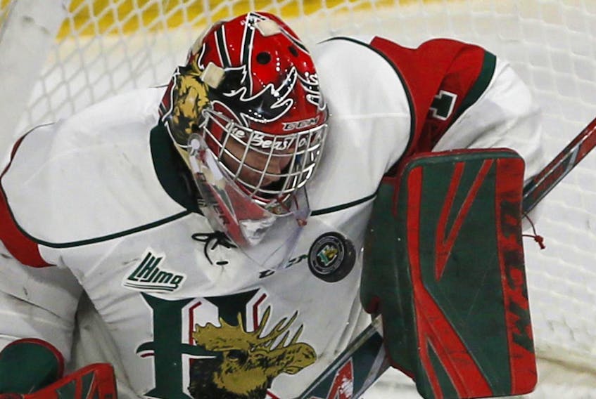 
Halifax Mooseheads netminder Alexis Gravel, seen here in a home game last year, stopped 22 shots for his fifth shutout of the season.. - Tim Krochak / File
