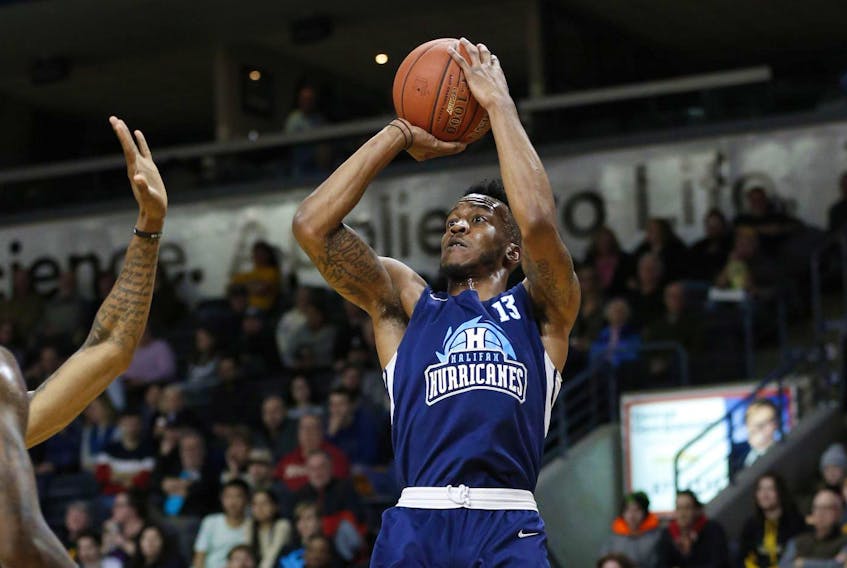 Halifax Hurricanes’ Joel Kindred takes a shot against the London Lightning in NBL Canada action on Thursday in London.