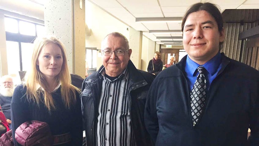 
Alton Gas says Rachael Greenland-Smith and Dale Andrew Poulette are trespassing on the company’s property near Fort Ellis, Colchester County. Greenland-Smith and Poulette stand outside Nova Scotia Supreme Court on Tuesday with Poulette’s father, Andrew Lafford. - Francis Campbell
