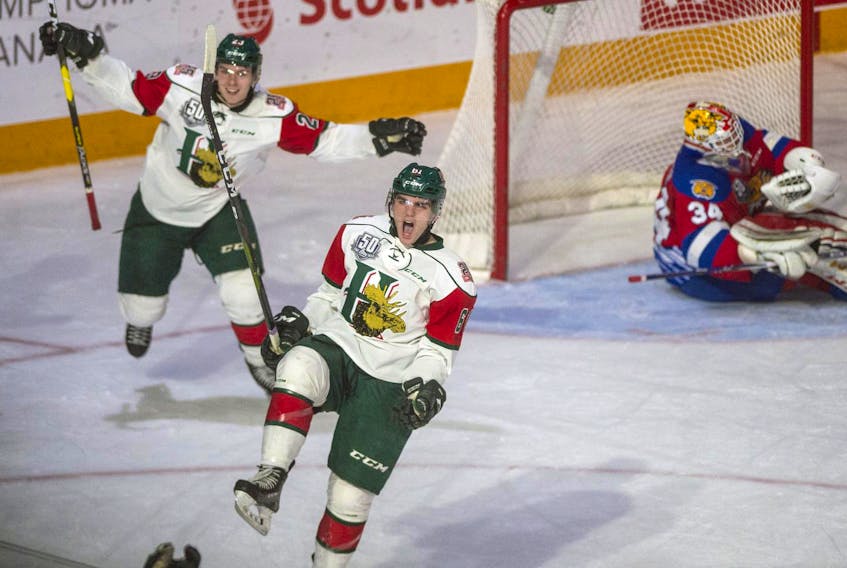 
Halifax Mooseheads forwards Joel Bishop and Keith Getson celebrate a second-period goal against the Moncton Wildcats during Wednesday night’s QMJHL game at the Scotiabank Centre. - Ryan Taplin
