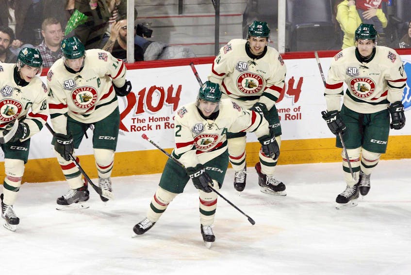 
Halifax Mooseheads players celebrate a goal by Samuel Asselin, centre, during a QMJHL game against the visiting Victoriaville Tigres on Jan. 31. - Eric Wynne 
