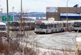 Lines of buses sit at the Halifax Transit garage in Burnside Park in Dartmouth.
