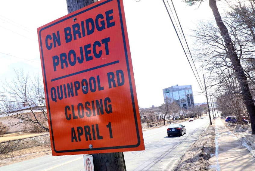Signs have started going on up on connector roads leading to the Armdale Roundabout warning drivers about the upcoming construction project on the CN bridge on Quinpool Road.